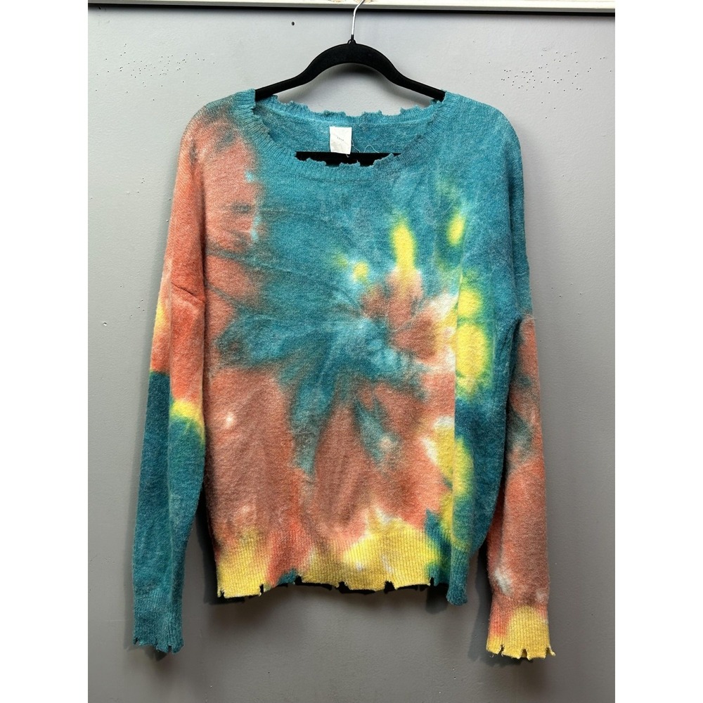 12PM Sweater Womens Medium Multicolor Tie-Dye Distressed Knit 12-T0057 Crew Neck